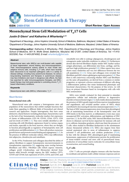 Mesenchymal Stem Cell Modulation of TH17 Cells Justin D Glenn1 and Katharine a Whartenby1,2*