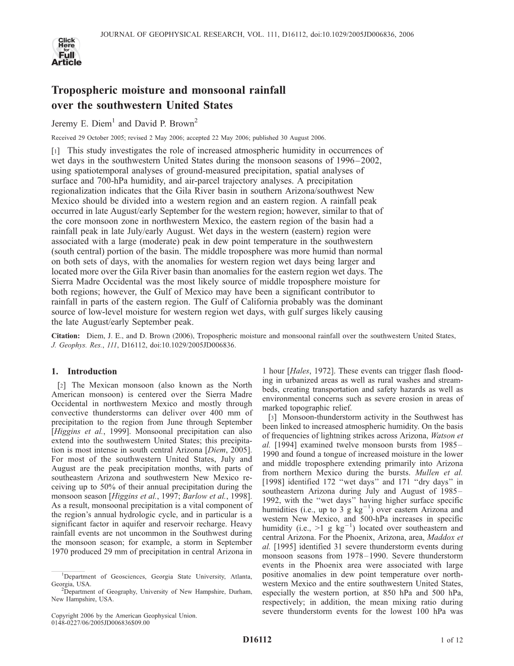 Tropospheric Moisture and Monsoonal Rainfall Over the Southwestern United States Jeremy E