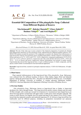 Essential Oil Composition of Tilia Platyphyllos Scop. Collected from Different Regions of Kosovo