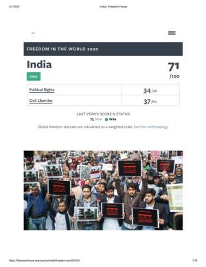 FREEDOM in the WORLD 2020 India 71 FREE /100