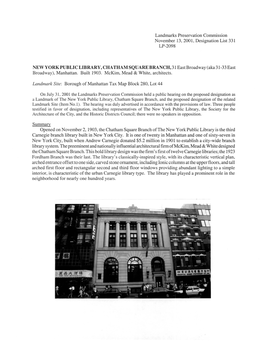 New York Public Library, Chatham Square Branch, and the Proposed Designation of the Related Landmark Site (Item No