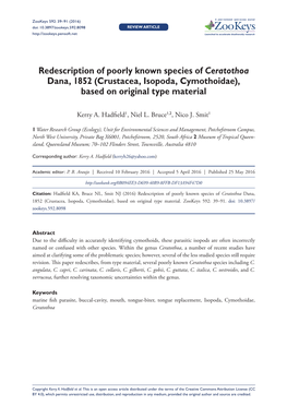 Redescription of Poorly Known Species of Ceratothoa Dana, 1852 (Crustacea, Isopoda, Cymothoidae), Based on Original Type Mate