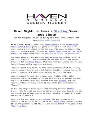 Haven Nightclub Reveals Sizzling Summer 2016 Lineup Golden Nugget’S Haven to Bring the Heat This Summer with Top-Notch Entertainment