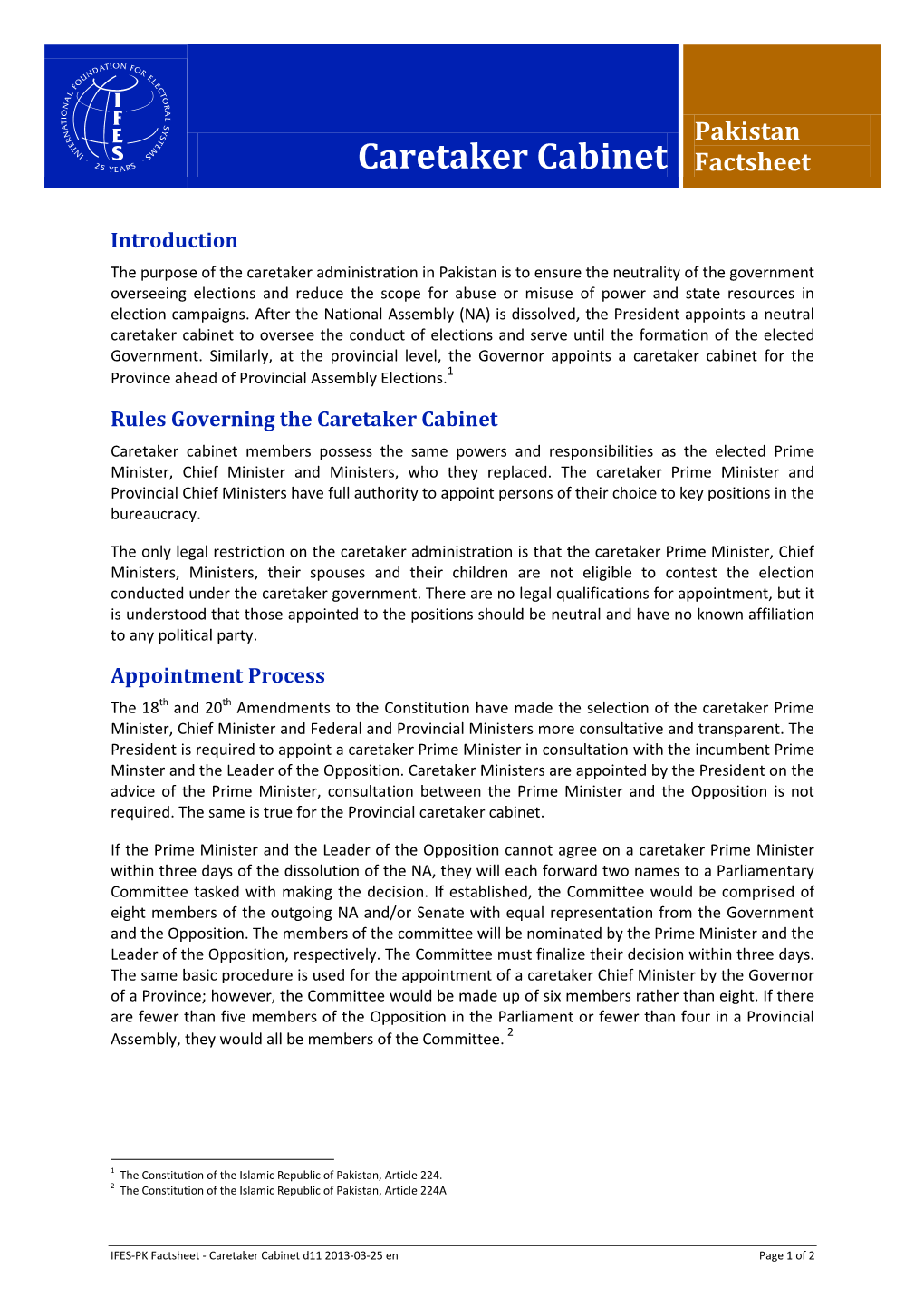 Caretaker Cabinet Factsheet