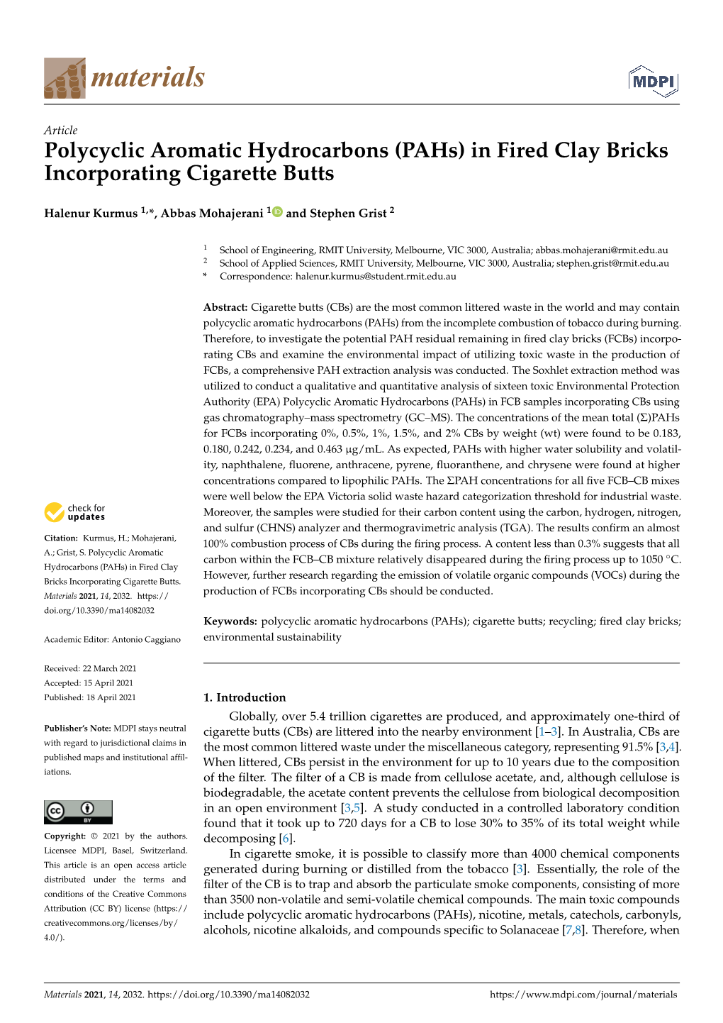 Polycyclic Aromatic Hydrocarbons (Pahs) in Fired Clay Bricks Incorporating Cigarette Butts