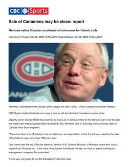 Sale of Canadiens May Be Close: Report