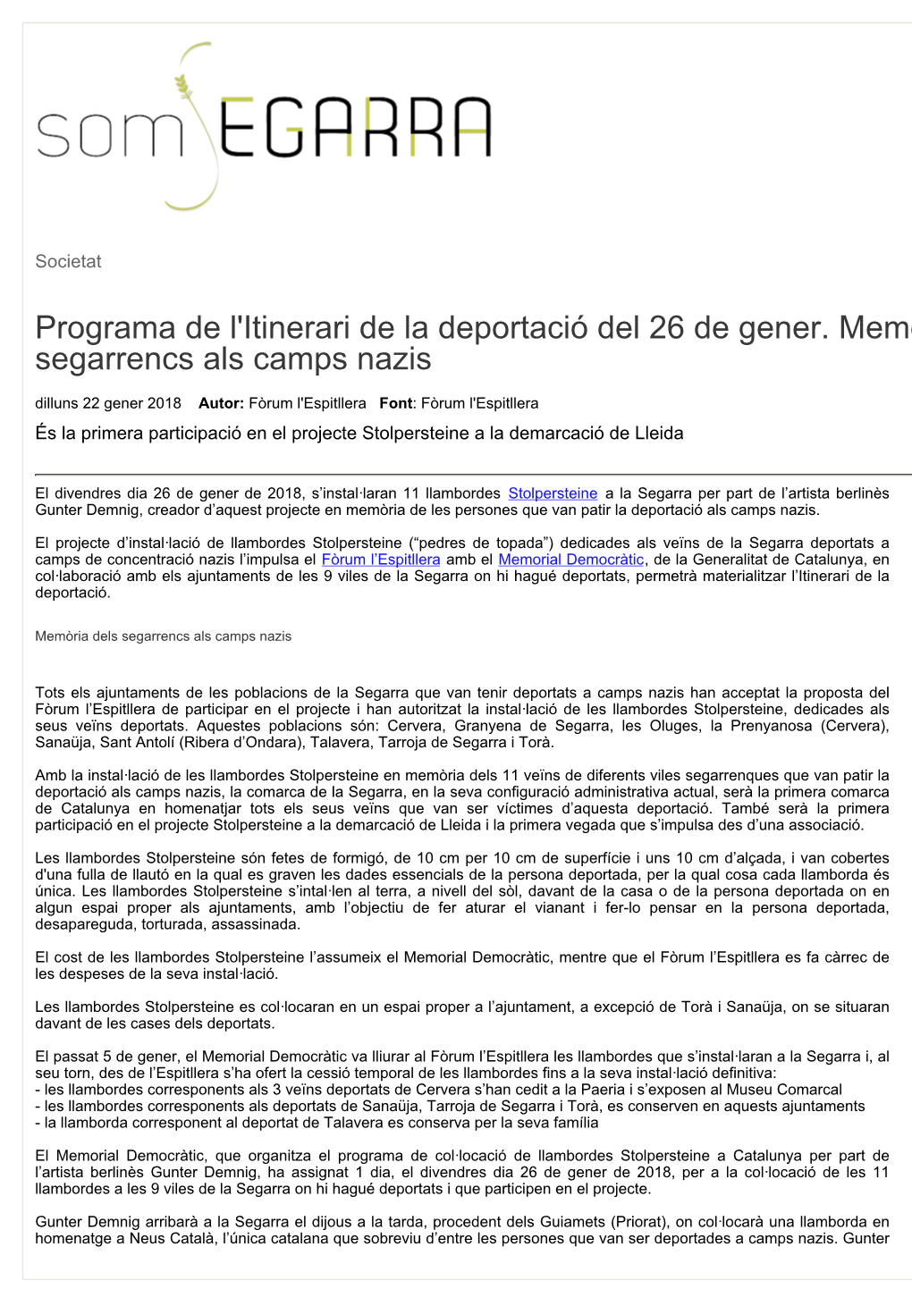 Programa De L'itinerari De La Deportació Del 26 De Gener