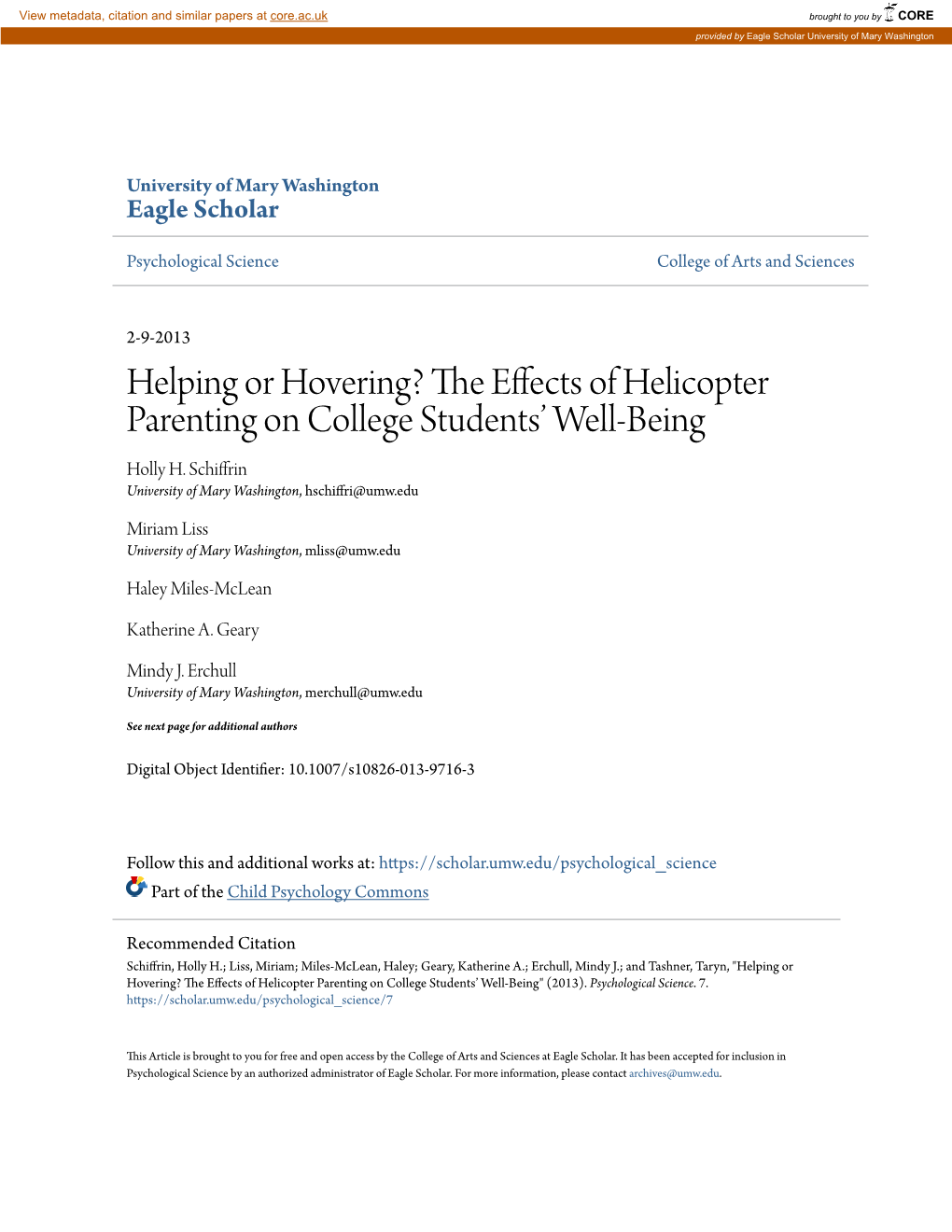 Helping Or Hovering? the Effects of Helicopter Parenting on College Students’ Well-Being