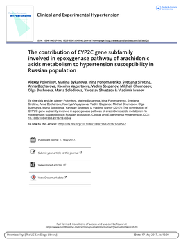 The Contribution of CYP2C Gene Subfamily Involved in Epoxygenase Pathway of Arachidonic Acids Metabolism to Hypertension Susceptibility in Russian Population