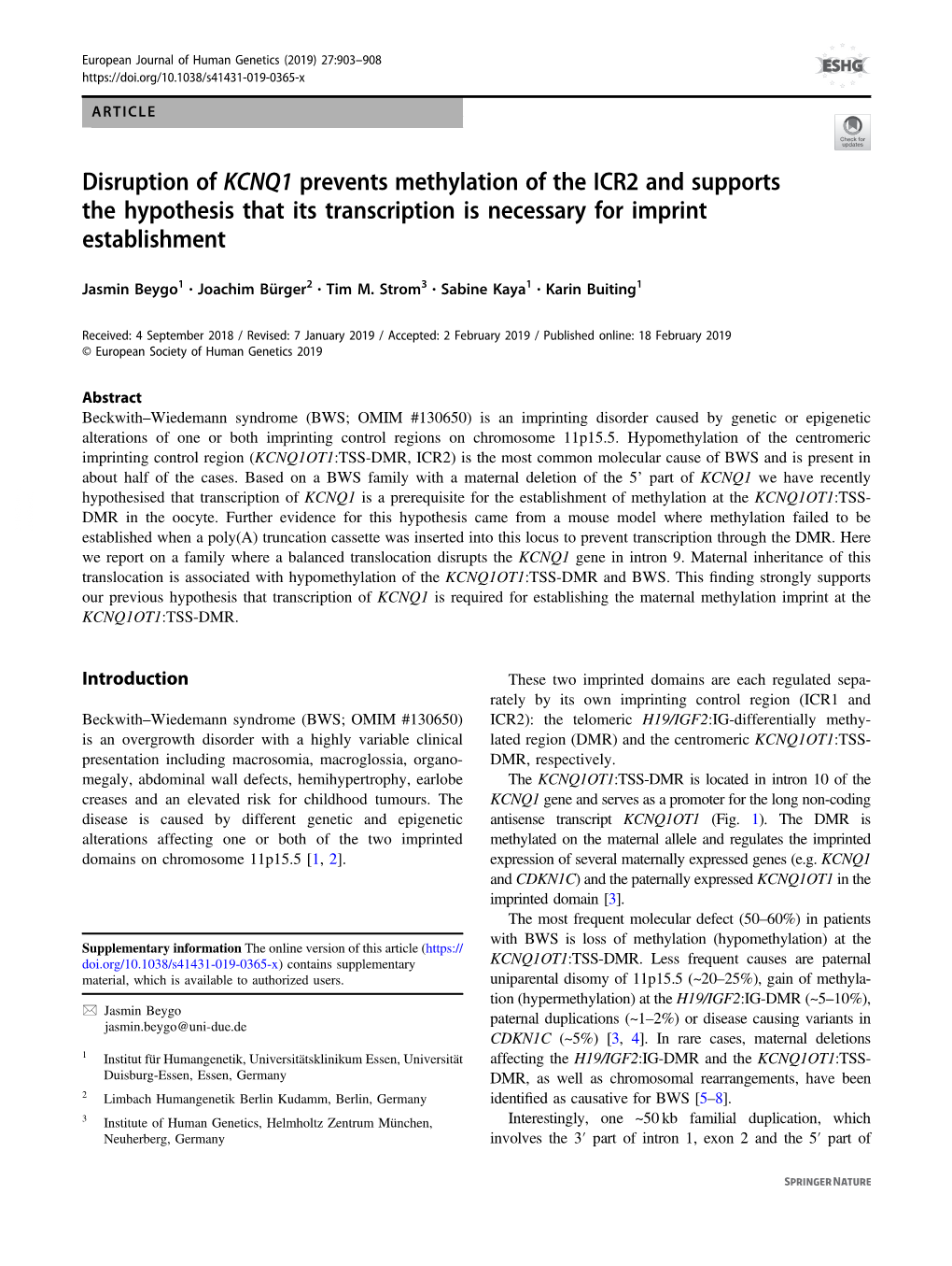 Disruption of KCNQ1 Prevents Methylation of the ICR2 and Supports the Hypothesis That Its Transcription Is Necessary for Imprint Establishment