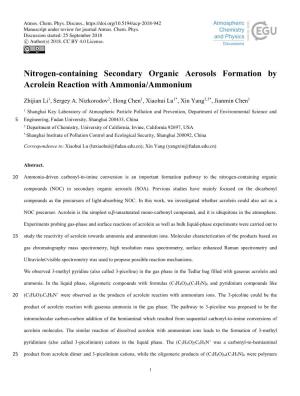Nitrogen-Containing Secondary Organic Aerosols Formation by Acrolein Reaction with Ammonia/Ammonium