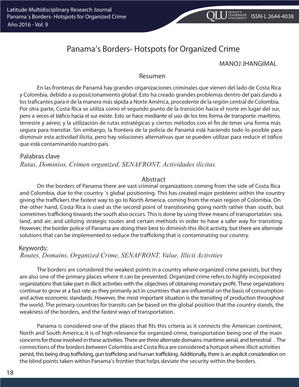 Panama´S Borders- Hotspots for Organized Crime ISSN-L 2644-4038 Año 2016 - Vol