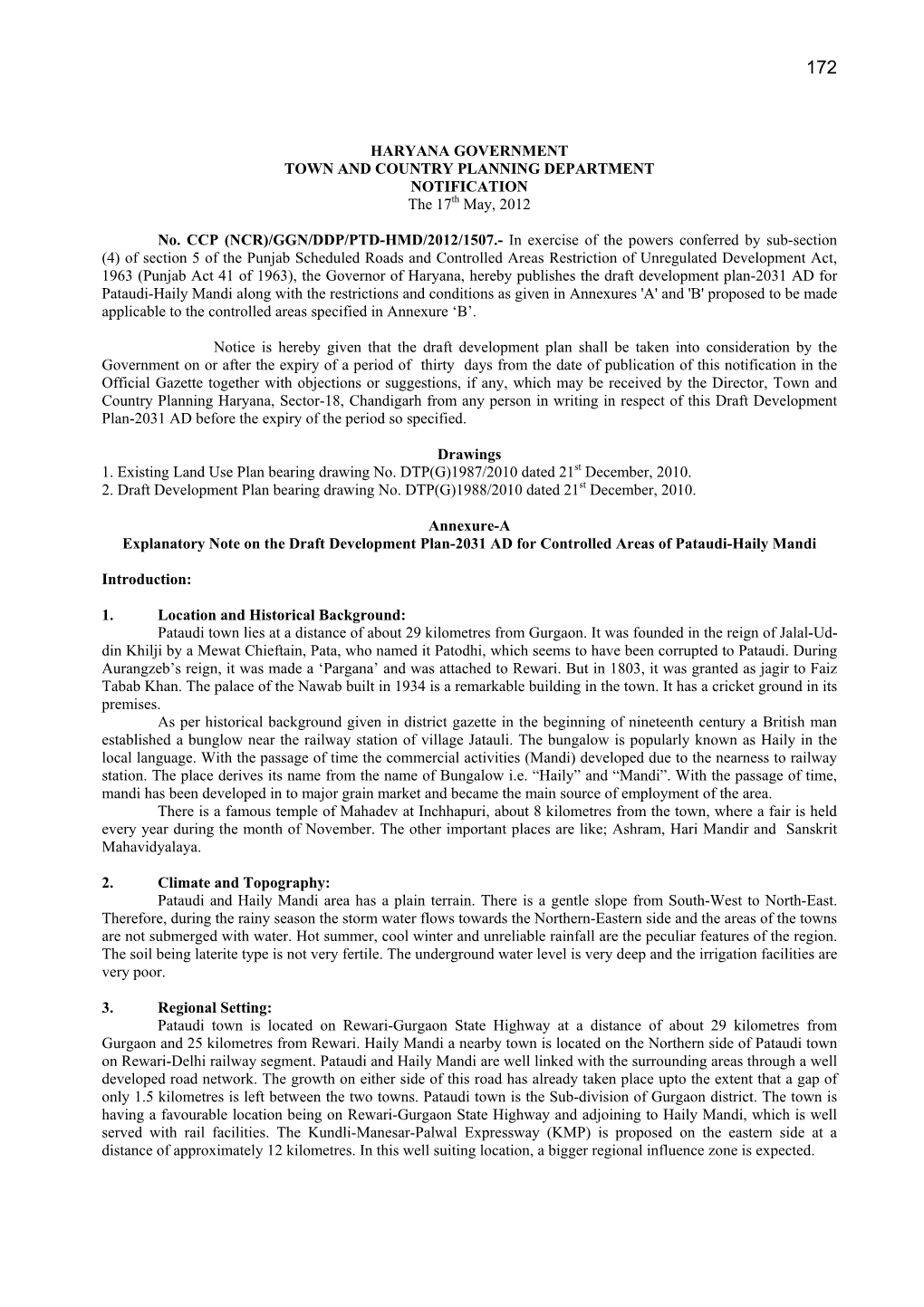 HARYANA GOVERNMENT TOWN and COUNTRY PLANNING DEPARTMENT NOTIFICATION the 17Th May, 2012