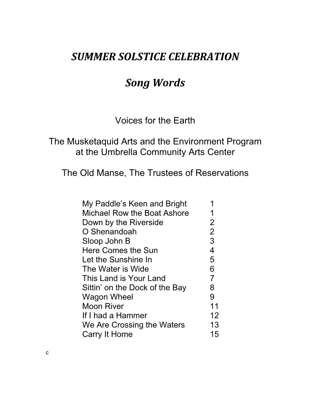 Summer Solstice Song Book