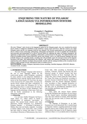 Enquiring the Nature of Pelasgic Language(S) Via Information Systems Modelling