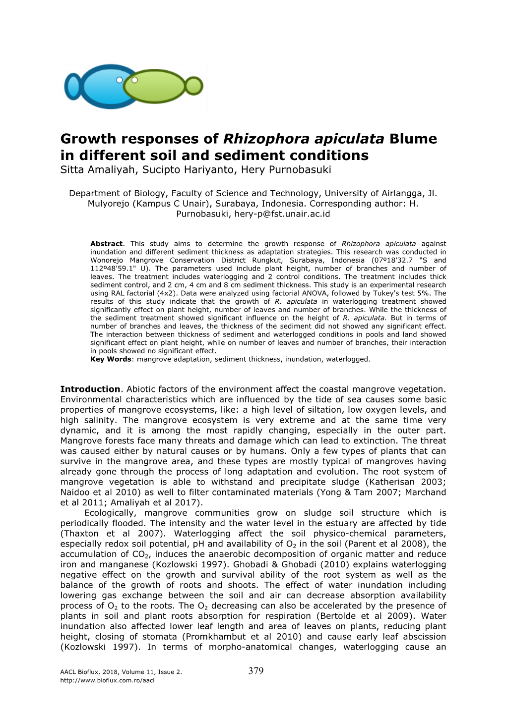 Amaliyah S., Hariyanato S., Purnobasuki H., 2018 Growth Responses of Rhizophora Apiculata Blume in Different Soil and Sediment Conditions