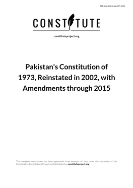 Pakistan's Constitution of 1973, Reinstated in 2002, with Amendments Through 2015