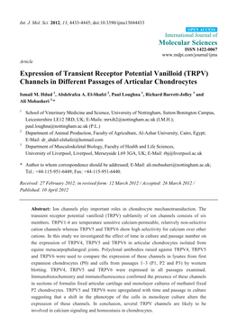 Expression of Transient Receptor Potential Vanilloid (TRPV) Channels in Different Passages of Articular Chondrocytes