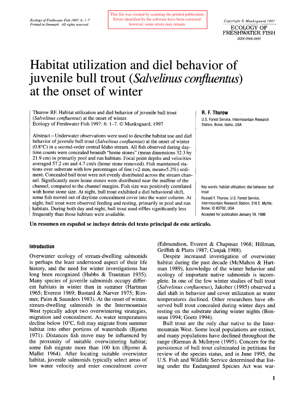 Habitat Utilization and Diel Behavior of Juvenile Bull Trout (Salvelinus Confluentus)