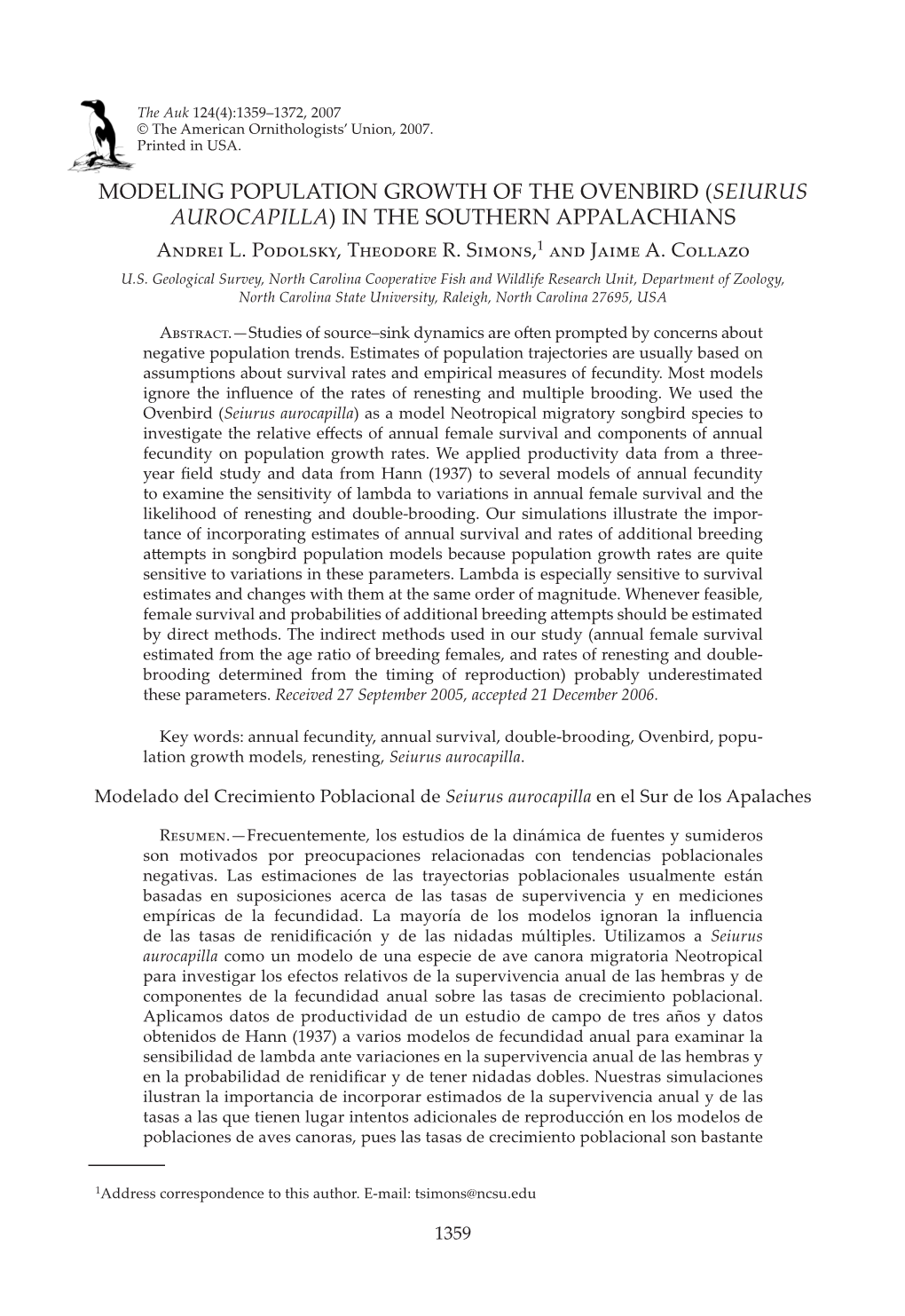 MODELING POPULATION GROWTH of the OVENBIRD (SEIURUS AUROCAPILLA) in the SOUTHERN APPALACHIANS A�Drei L