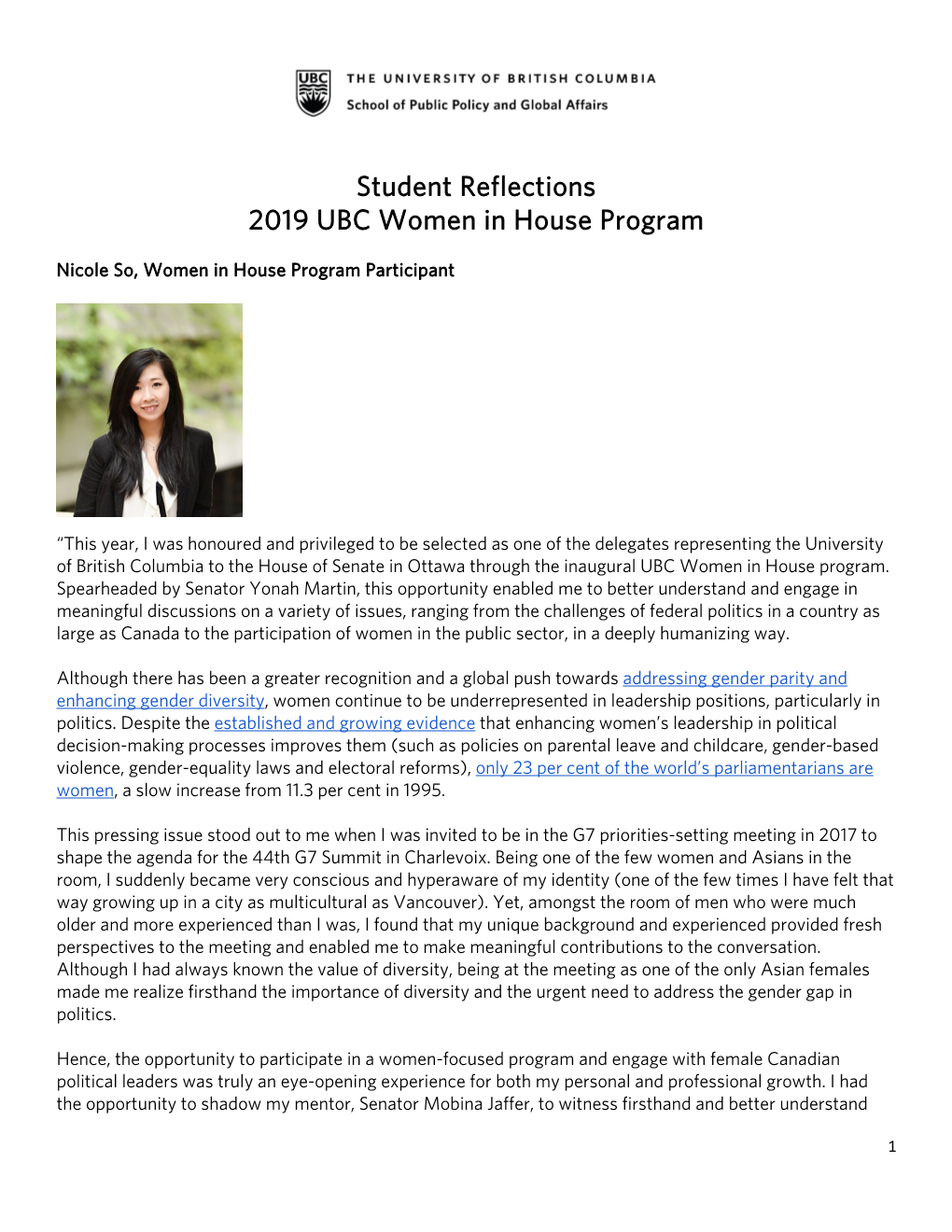 Student Reflections 2019 UBC Women in House Program