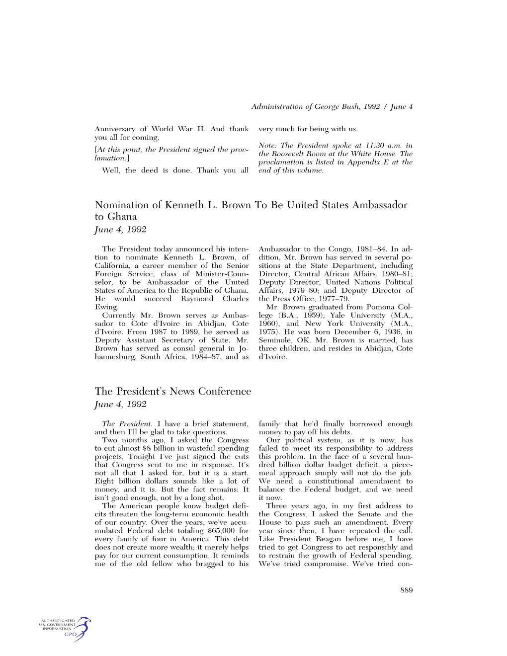 Nomination of Kenneth L. Brown to Be United States Ambassador to Ghana June 4, 1992