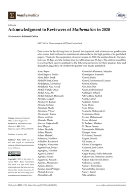 Acknowledgment to Reviewers of Mathematics in 2020