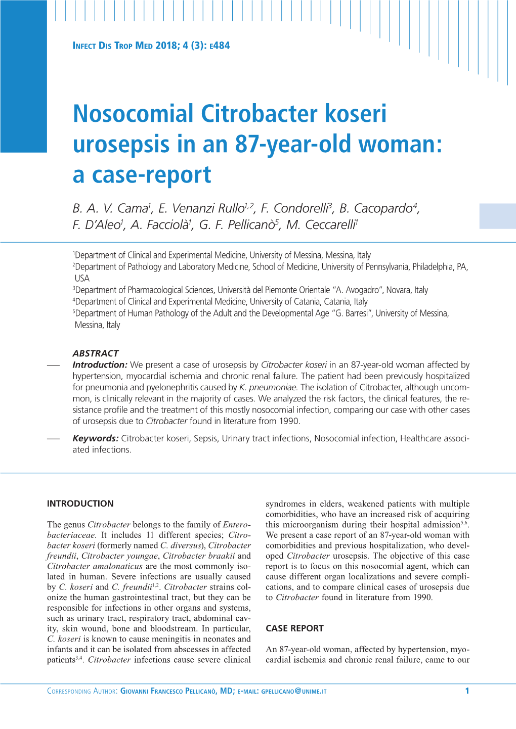 Nosocomial Citrobacter Koseri Urosepsis in an 87-Year-Old Woman: a Case-Report