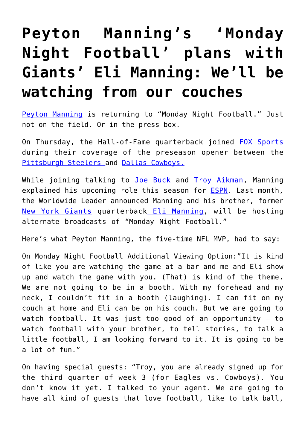 Eli Manning: We’Ll Be Watching from Our Couches