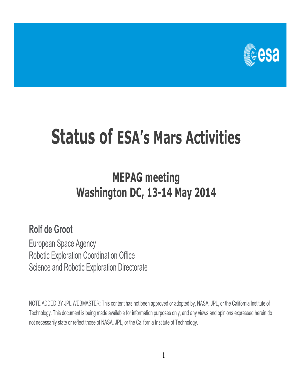 08 MEPAG May 2014 ESA Mars Programme Status Pptx