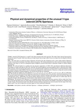 Physical and Dynamical Properties of the Unusual V-Type Asteroid (2579) Spartacus Dagmara Oszkiewicz1, Agnieszka Kryszczynska´ 1, Paweł Kankiewicz2, Nicholas A