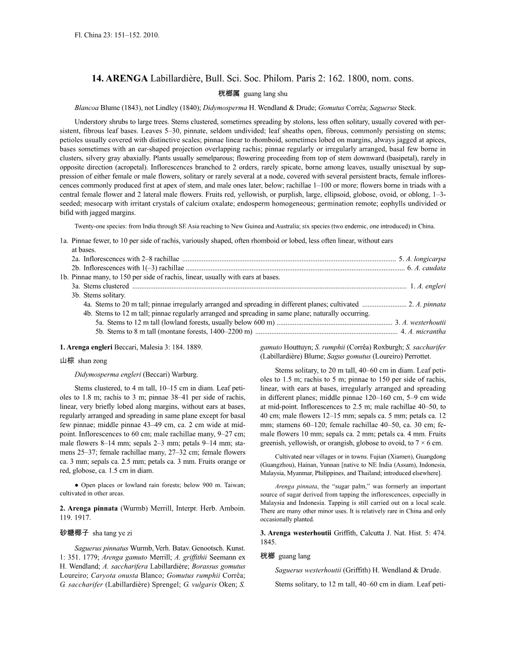 14. ARENGA Labillardière, Bull. Sci. Soc. Philom. Paris 2: 162. 1800, Nom. Cons. 桄榔属 Guang Lang Shu Blancoa Blume (1843), Not Lindley (1840); Didymosperma H