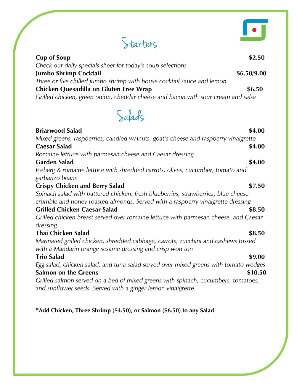 Briarwood Sample Gluten Free Menu