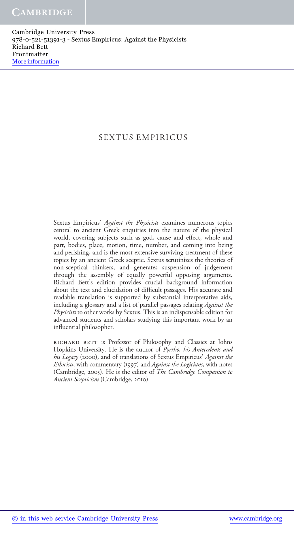 Sextus Empiricus: Against the Physicists Richard Bett Frontmatter More Information