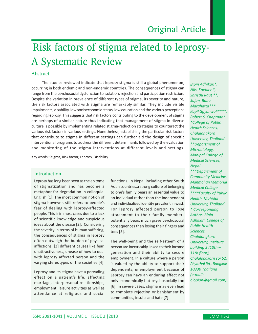 Risk Factors of Stigma Related to Leprosy- a Systematic Review Abstract