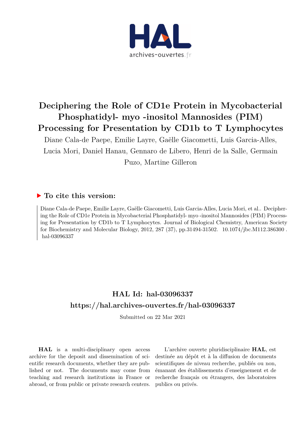 Deciphering the Role of Cd1e Protein in Mycobacterial Phosphatidyl- Myo