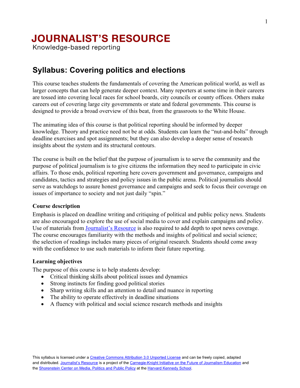 Syllabus: Covering Politics and Elections