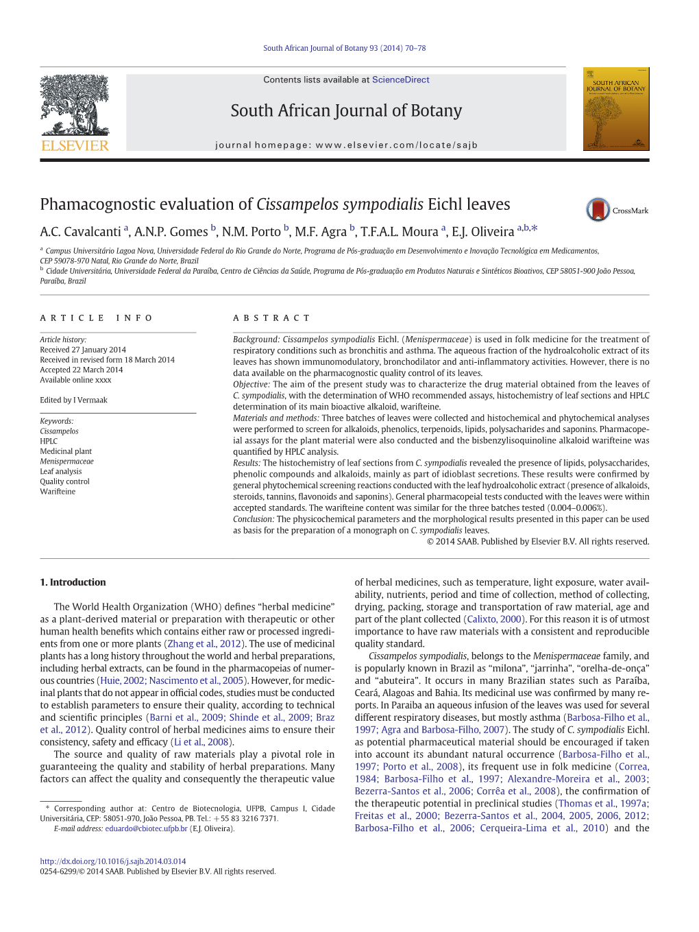 Phamacognostic Evaluation of Cissampelos Sympodialis Eichl Leaves