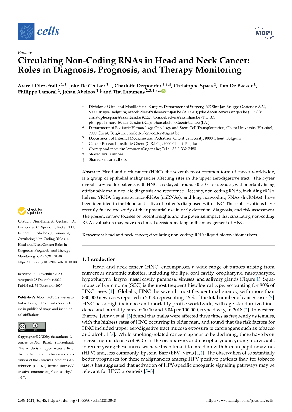 Circulating Non-Coding Rnas in Head and Neck Cancer: Roles in Diagnosis, Prognosis, and Therapy Monitoring