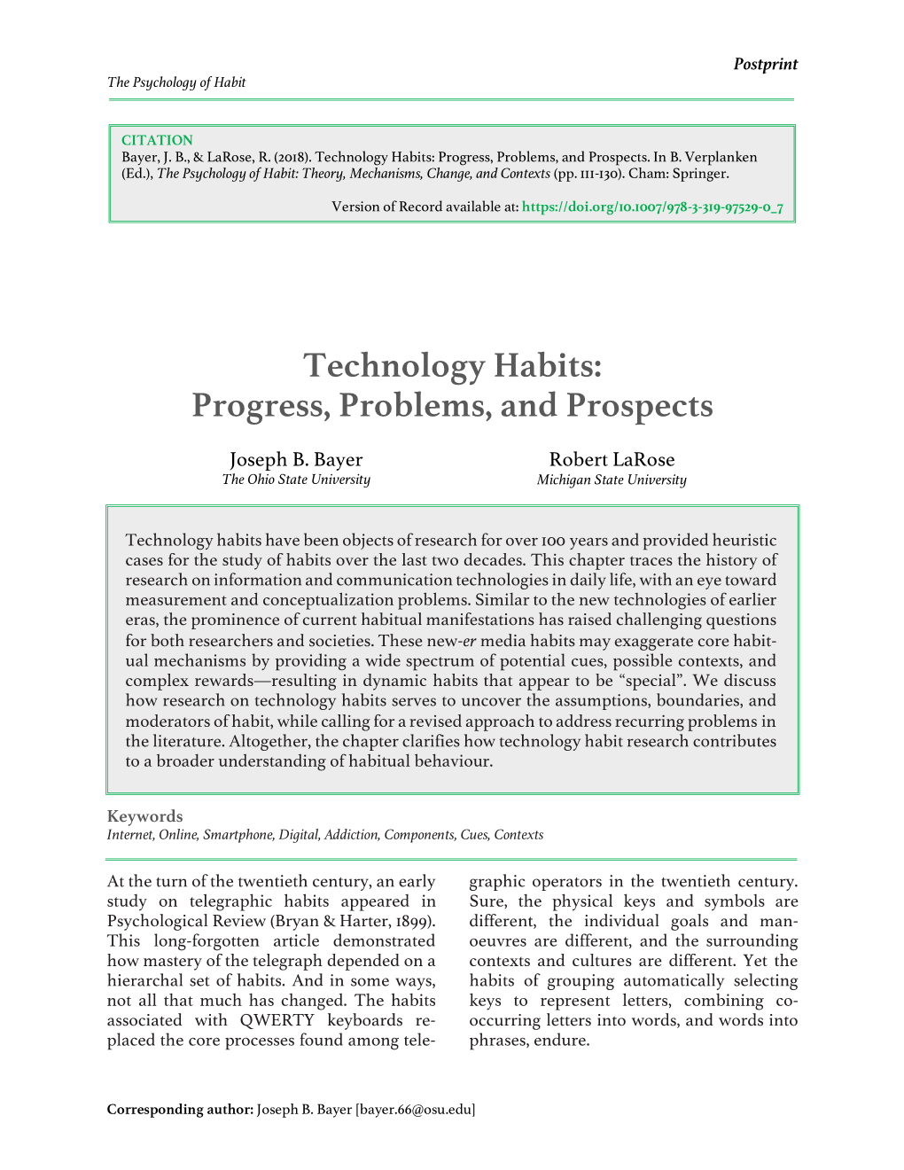 Technology Habits: Progress, Problems, and Prospects