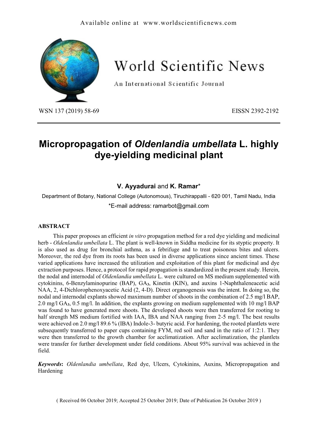 Micropropagation of Oldenlandia Umbellata L. Highly Dye-Yielding Medicinal Plant