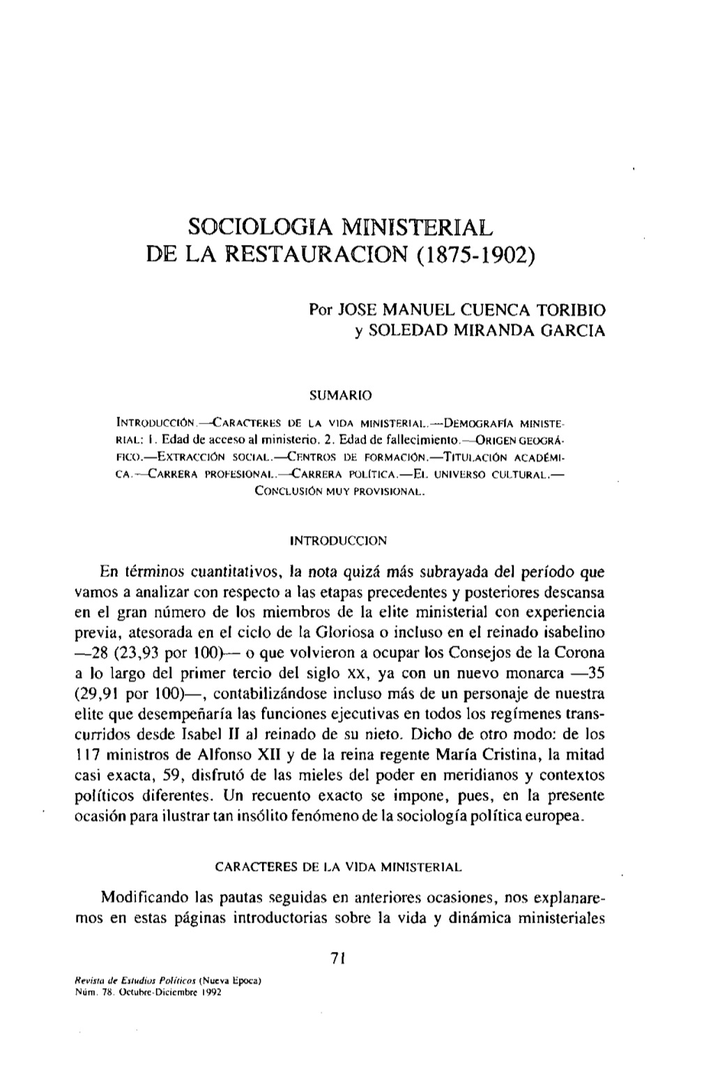 Sociología Ministerial De La Restauración (1875-1902)