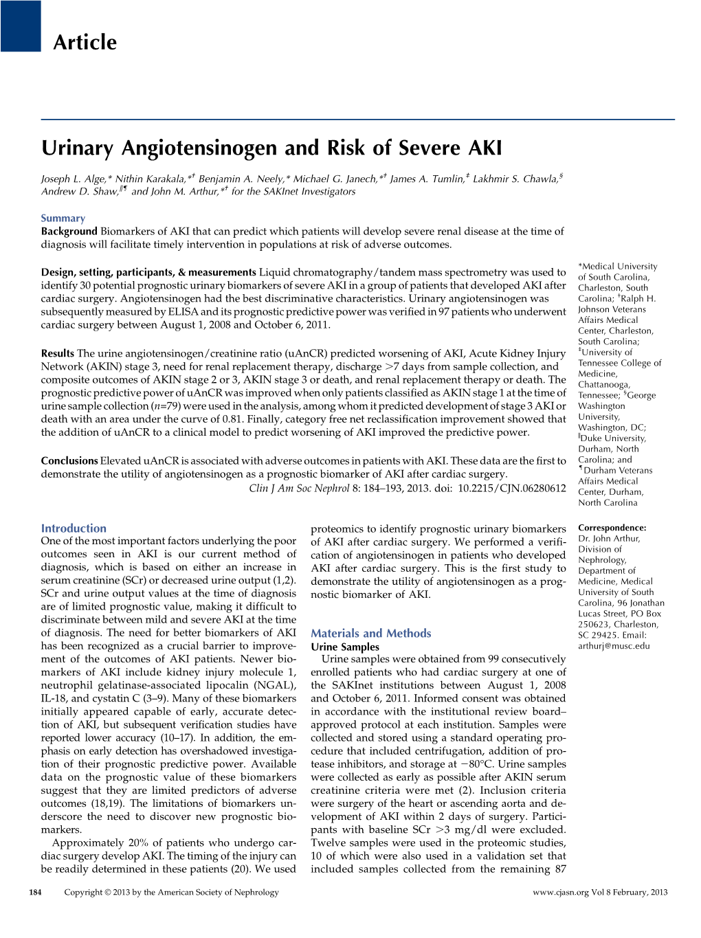 Article Urinary Angiotensinogen and Risk of Severe