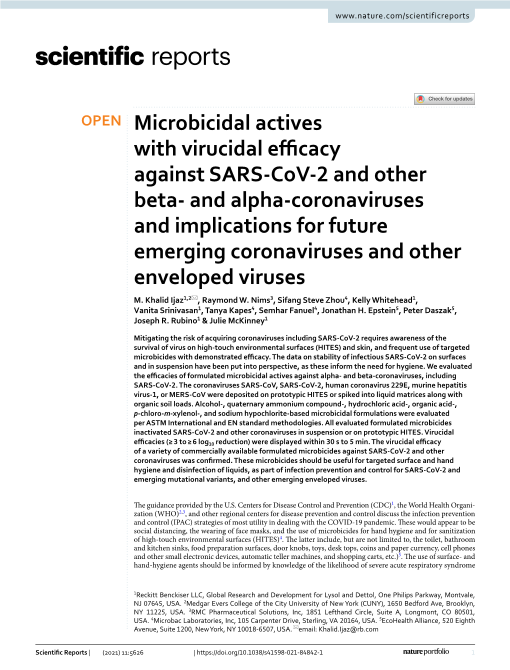 Microbicidal Actives with Virucidal Efficacy Against SARS-Cov