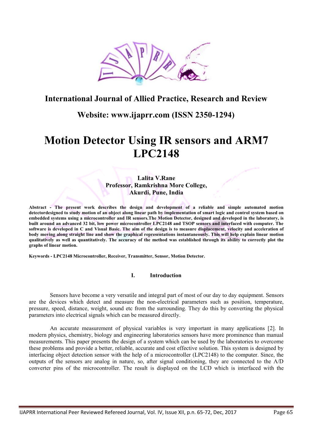 Motion Detector Using IR Sensors and ARM7 LPC2148