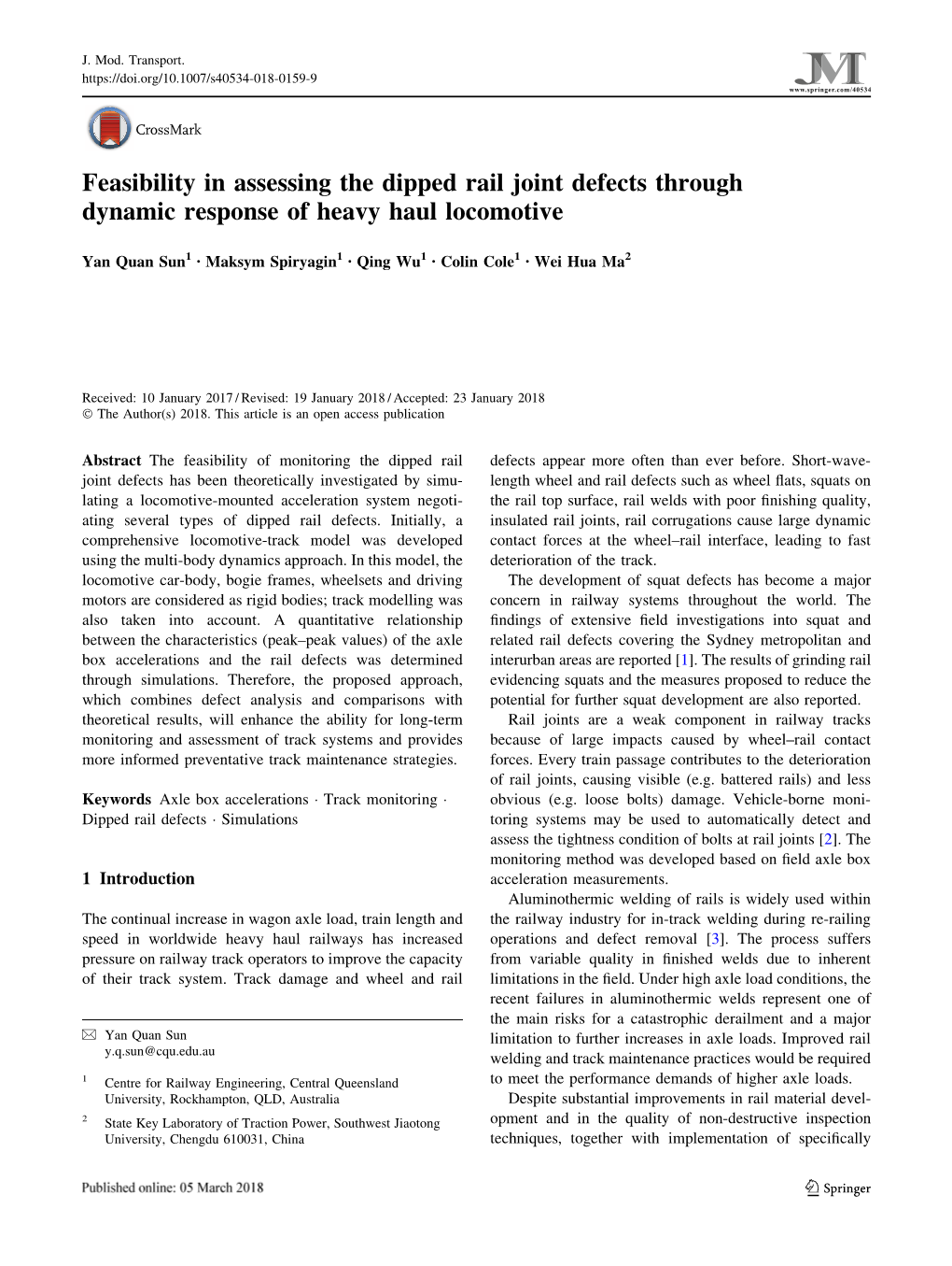 Feasibility in Assessing the Dipped Rail Joint Defects Through Dynamic Response of Heavy Haul Locomotive