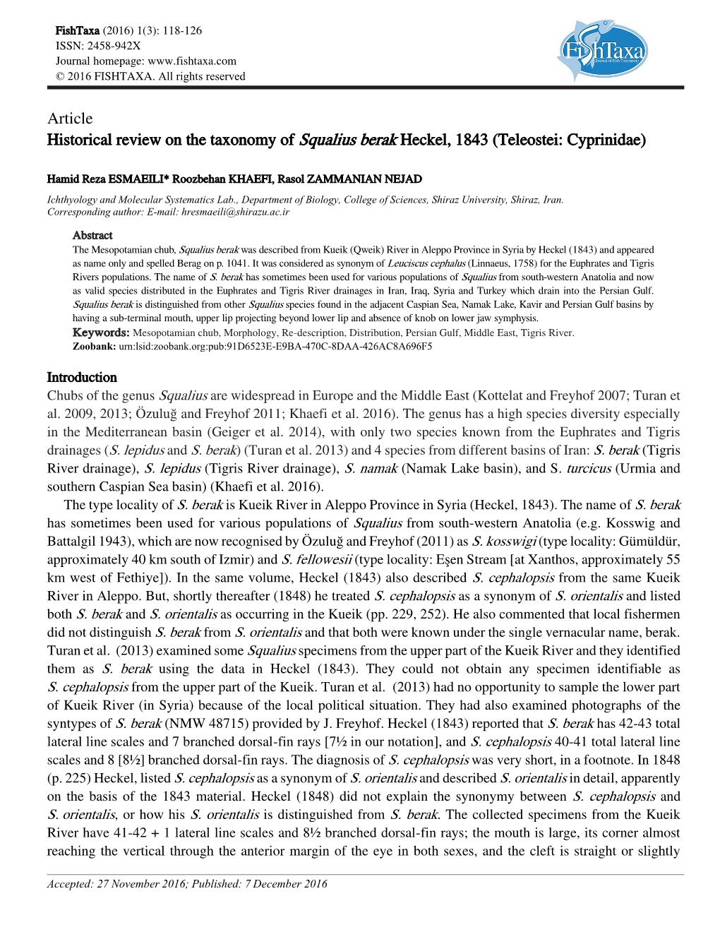 Article Historical Review on the Taxonomy of Squalius Berak Heckel, 1843 (Teleostei: Cyprinidae)