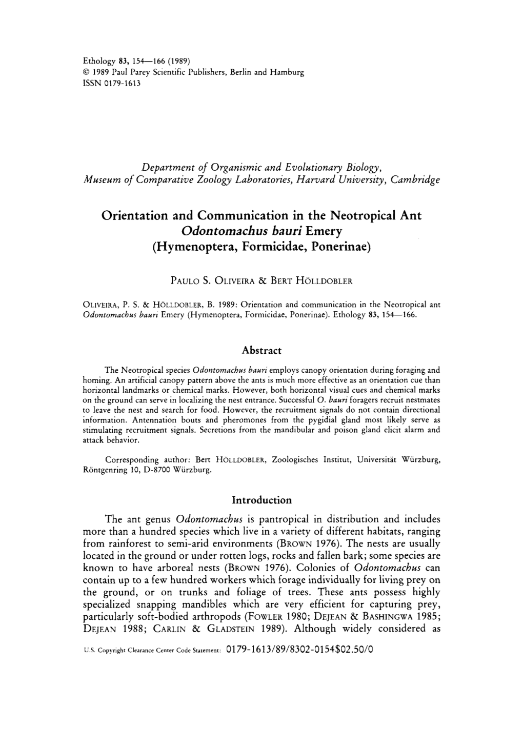 Orientation and Communication in the Neotropical Ant Odontomachus Bauri Emery (Hymenoptera, Formicidae, Ponerinae)