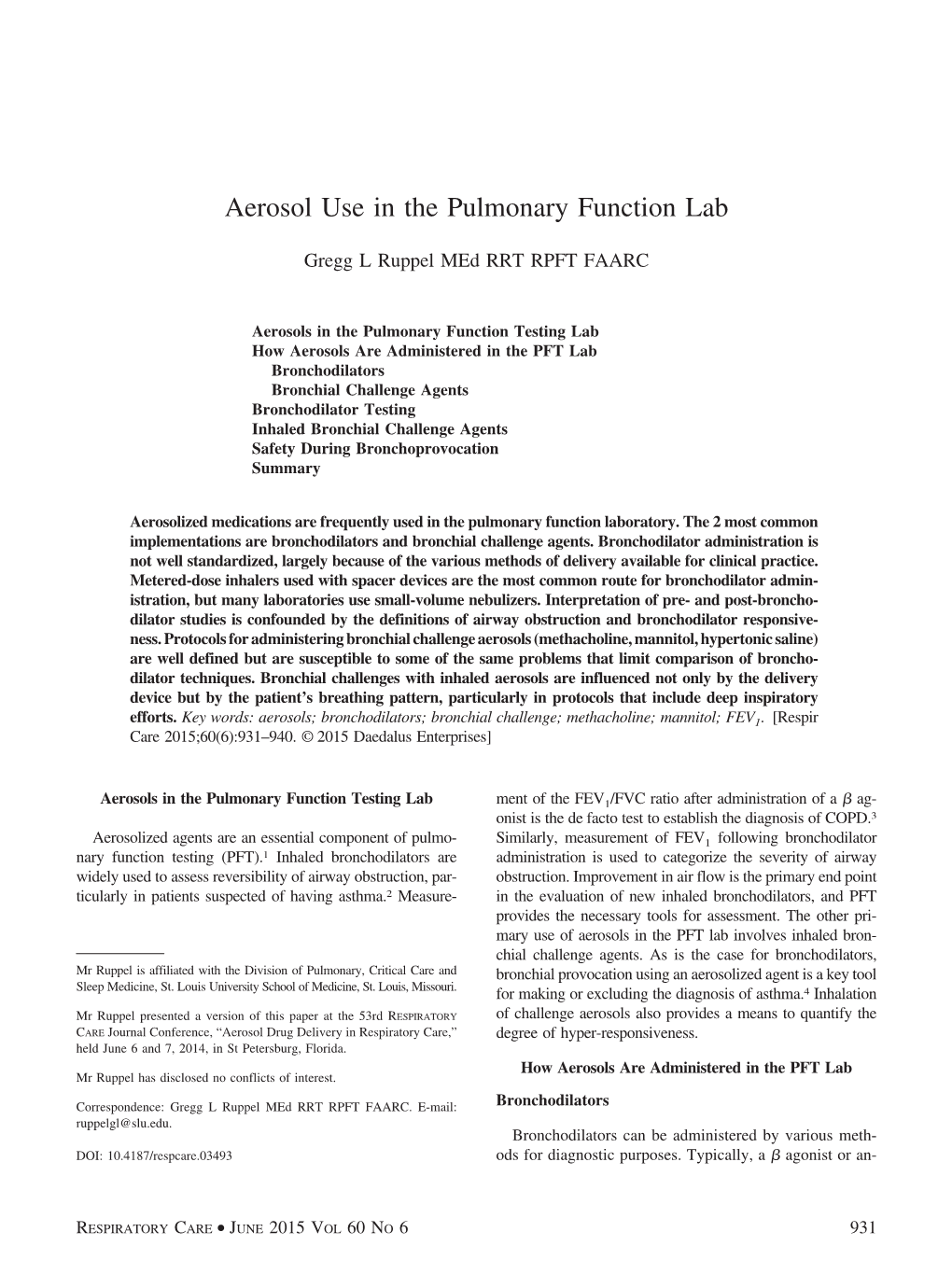 Aerosol Use in the Pulmonary Function Lab