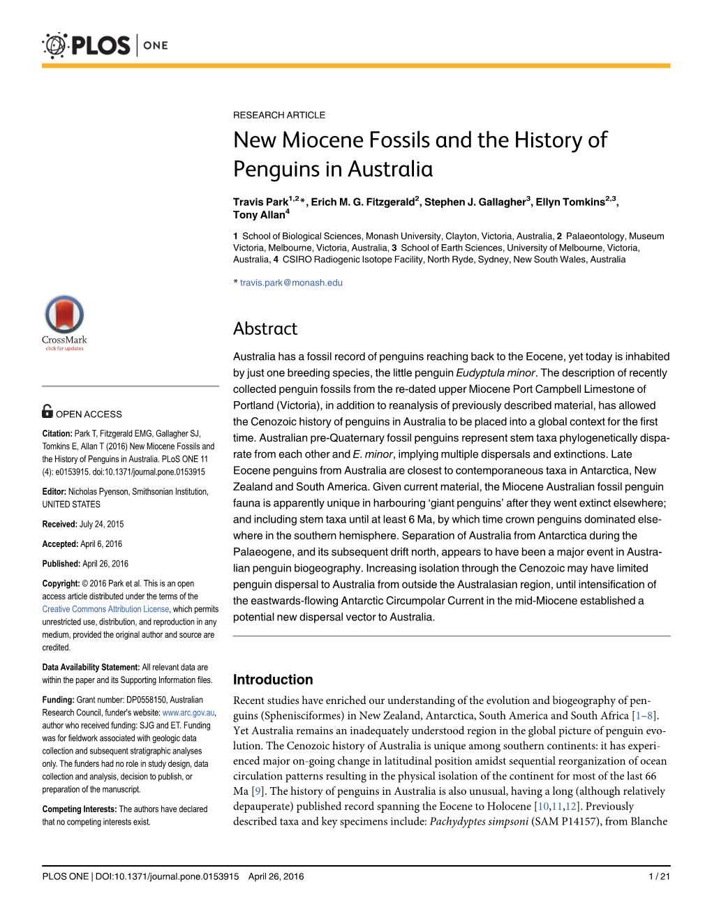 New Miocene Fossils and the History of Penguins in Australia